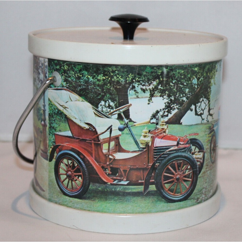 vintage metal ice bucket with plastic insert & handle old time cars Hong Kong